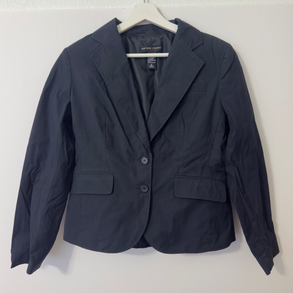 New York & Company Blazer Womens 8 Navy Blue 2-Button Stretch Lined Academia